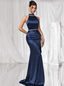 Coutiva 女式正式立领无袖合身开衩下摆晚礼服 - 藏蓝色 - 查看 5