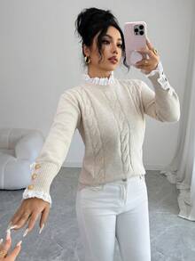 Selianne Elegant Solid Color Sweater, Fashionable Palace Style, Graceful Lace Collar, Metal Button Cuff Decoration, Suitable For Christmas Party, Outing, Dating, Commuting, And Home Wear - Apricot - View 3