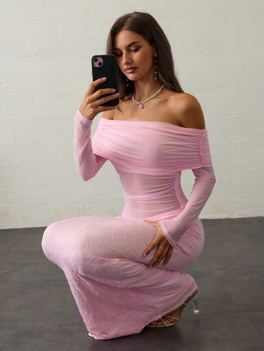 Aloruh 女士优雅露肩长袖蕾丝拼布修身派对连衣裙，粉色，女士生日连衣裙 - 淺粉色 - 查看 1