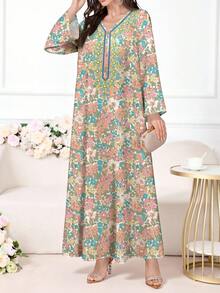 Al Najma 女式花卉植物印花 V 领长袖优雅阿拉伯风格长裙，春秋季 - 彩色 - 查看 4