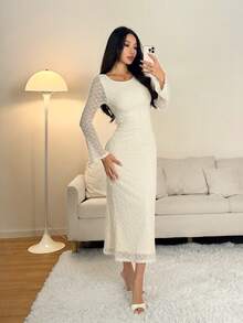 SHEIN PETITE Đầm nữ mùa thu thanh lịch tay loe màu trơn cổ tròn tay dài dáng ôm đuôi cá màu trắng thanh lịch đầm ren móc tay dài đầm maxi màu kem đầm tay dài thanh lịch - trắng - Xem 10