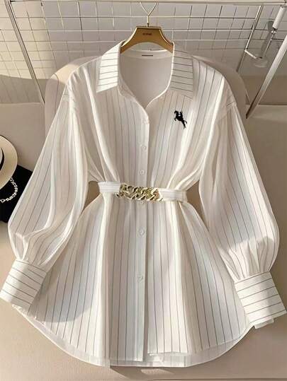 Franclia 竖条纹装饰都市通勤风格休闲女式翻领衬衫（配腰带）
