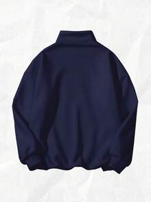 Attitoon Áo nỉ cổ cao dáng rộng, khóa kéo nửa thân, phong cách retro Mỹ dành cho nữ, phù hợp cho mùa thu/đông, chất liệu nỉ in hình. - Màu xanh hải quân - Xem 3