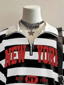 INAWLY 女式休闲宽松字母条纹半拉链落肩运动衫，秋季 - 彩色 - 查看 3