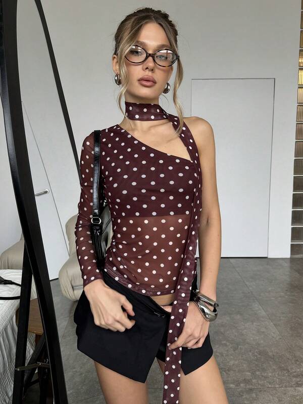 SHEIN BAE Blusa de manga larga transparente con cuello asimétrico y estampado de lunares