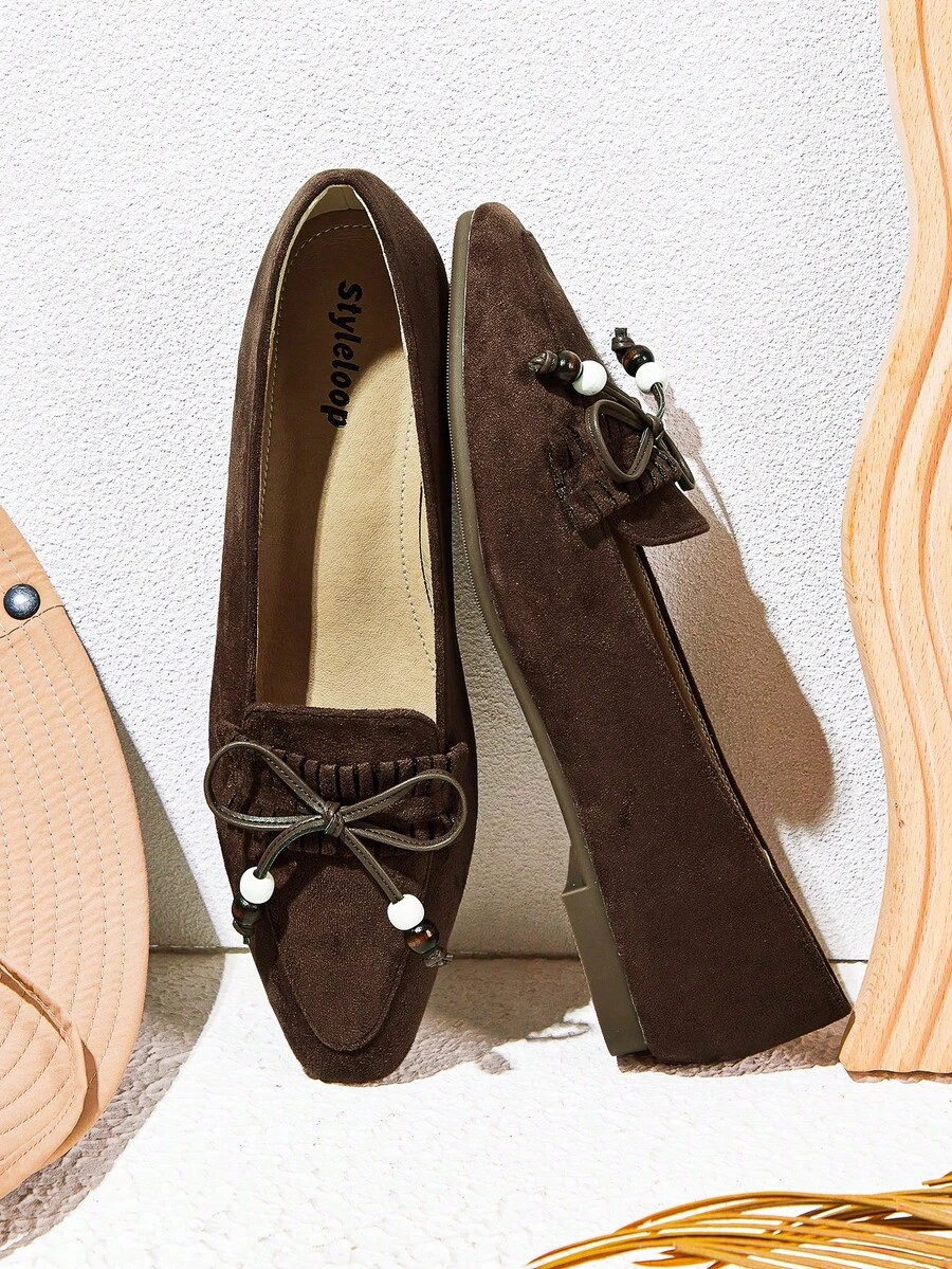 Giày lười đế vuông đế mềm màu cà phê, đế bệt, thoải mái, họa tiết nơ cổ điển dành cho nữ, thích hợp để đi làm hàng ngày và đi làm văn phòng - Cà phê nâu - Xem 1