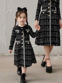 SHEIN Serisse Kids 年轻女孩优雅黑色粗花呢长袖中长连衣裙，适合派对、生日、圣诞节、活动、聚会、野餐、姐妹装 - 黑色 - 查看 3