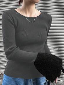 FRIFUL 女款純色圓領標準肩長袖休閒羅紋針織修身毛衣校園風 - 深灰色 - 查看 3