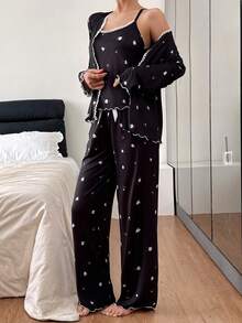 SHEIN 三件套：蕾丝边碎花长袖上衣和吊带背心搭配长裤睡衣，冬季服装 - 黑色 - 查看 6