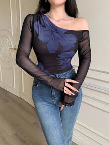 Modelyn 女士花卉印花撞色网眼不对称褶饰修身 T 恤 - 寶藍色 - 查看 5