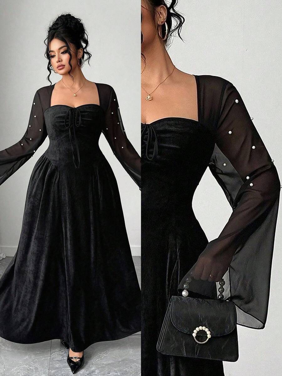 Elenzga Vestido largo elegante de mujer talla grande con cuello cuadrado, manga abullonada de malla y perlas, diseño de cintura ceñida, longitud maxi, sofisticado - Negro - Ver 1