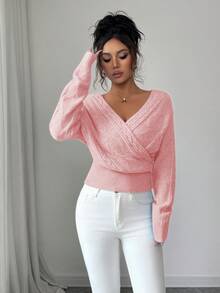 SHEIN Elenzya 女士优雅纯色V领裹身毛衣，秋冬 - 粉色 - 查看 4