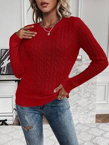 EMERY ROSE Women's Casual Cable Pattern Crew Neck Long Sleeve Sweater, Autumn/Winter - Red - View 5