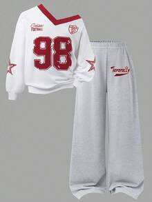 Sparklyn 2 件套女孩休闲时尚街头风格数字和英文字母星星图案 V 领宽松长袖上衣和阔腿运动裤运动套装，日常穿着 - 彩色 - 查看 3