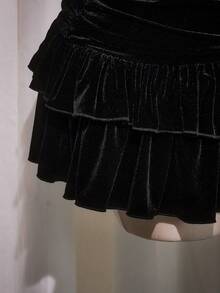 SHEIN ICON Plus Size High Waist Ruffle Hem Velvet Skirt - Black - View 7
