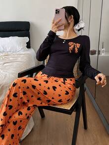 SHEIN 蝴蝶结爱心罗纹圆领长袖上衣和裤子休闲女式睡衣套装，冬季服装 - 黃色 - 查看 4