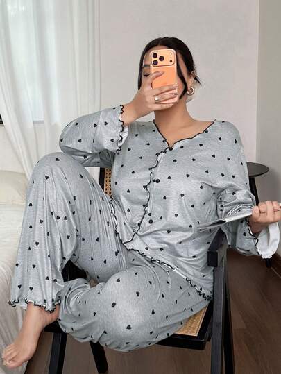 SHEIN Plus Size Women Contrast Trim Heart Print V-Neck Long Sleeve Tops & Pants Pajama Set, Sleepwear Grey Pajama Set Heart Print Pajama Set Sleep Fall & Winter Clothes