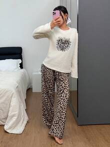 SHEIN Love Embroidered Fluffy Top And Flannel Leopard Print Pants Women Cozy Pajama Set, Winter Clothes - Black - View 6