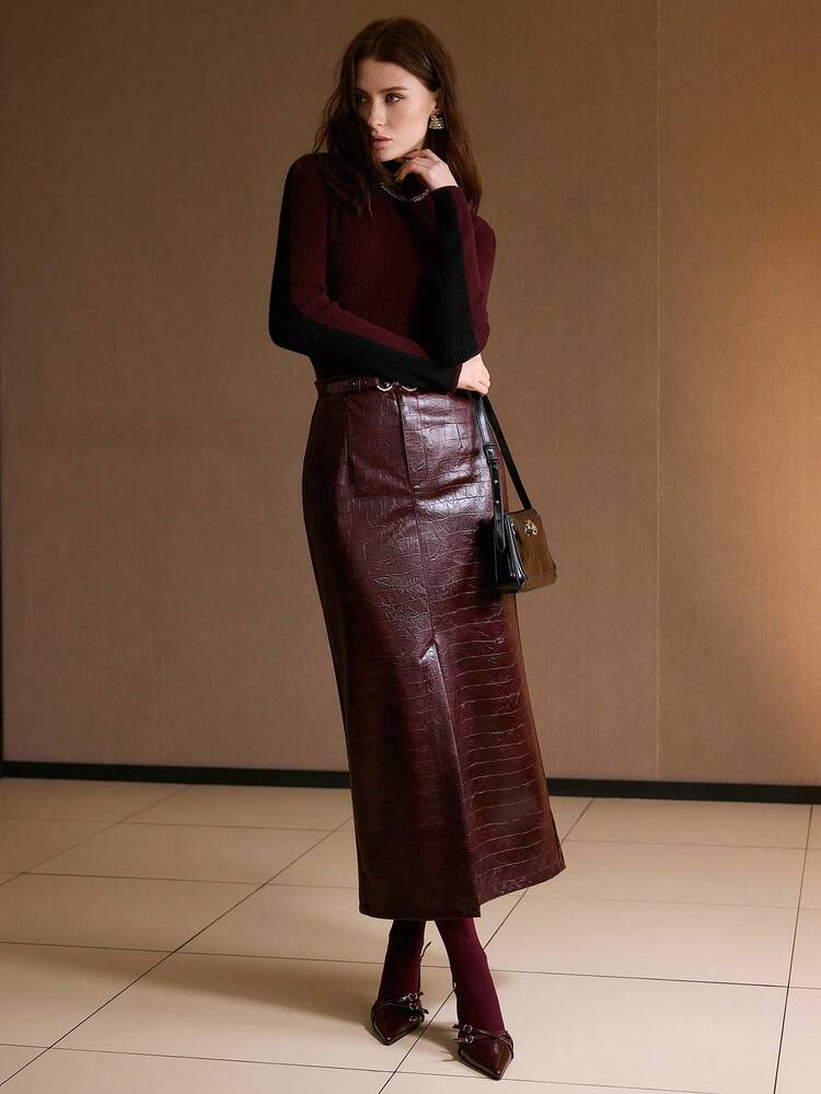 MOTF PREMIUM CROCODILE EMBOSSED PU FRONT SLIT STRAIGHT SKIRT, AUTUMN/WINTER - Burgundy - View 5