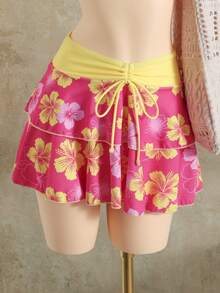 SHEIN Swim Bộ đồ bơi 3 món cho nữ, áo dây dày in họa tiết hoa Bellisia dệt kim, quần cạp cao in họa tiết ngẫu nhiên và chân váy in họa tiết ngẫu nhiên, mùa xuân/hè - Nhiều màu - Xem 5
