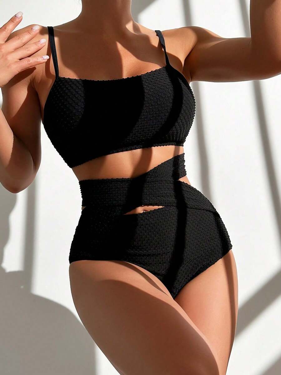 SHEIN Swim Summer Beach Cut Out High Waisted Bikini Set - Black - View 1