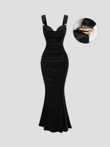 Sweetra 女装秋冬新款复古天鹅绒优雅纽扣美人鱼晚会礼服 - 黑色 - 查看 1