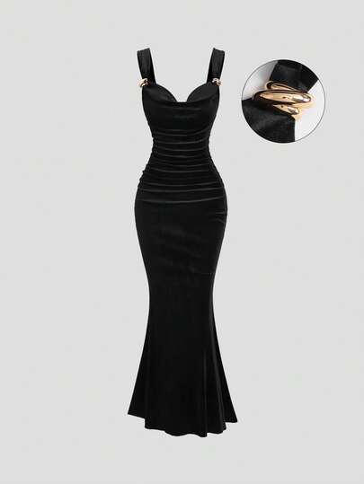 Sweetra Dam höst/vinter ny vintage sammet elegant knapp sjöjungfru aftonklänning