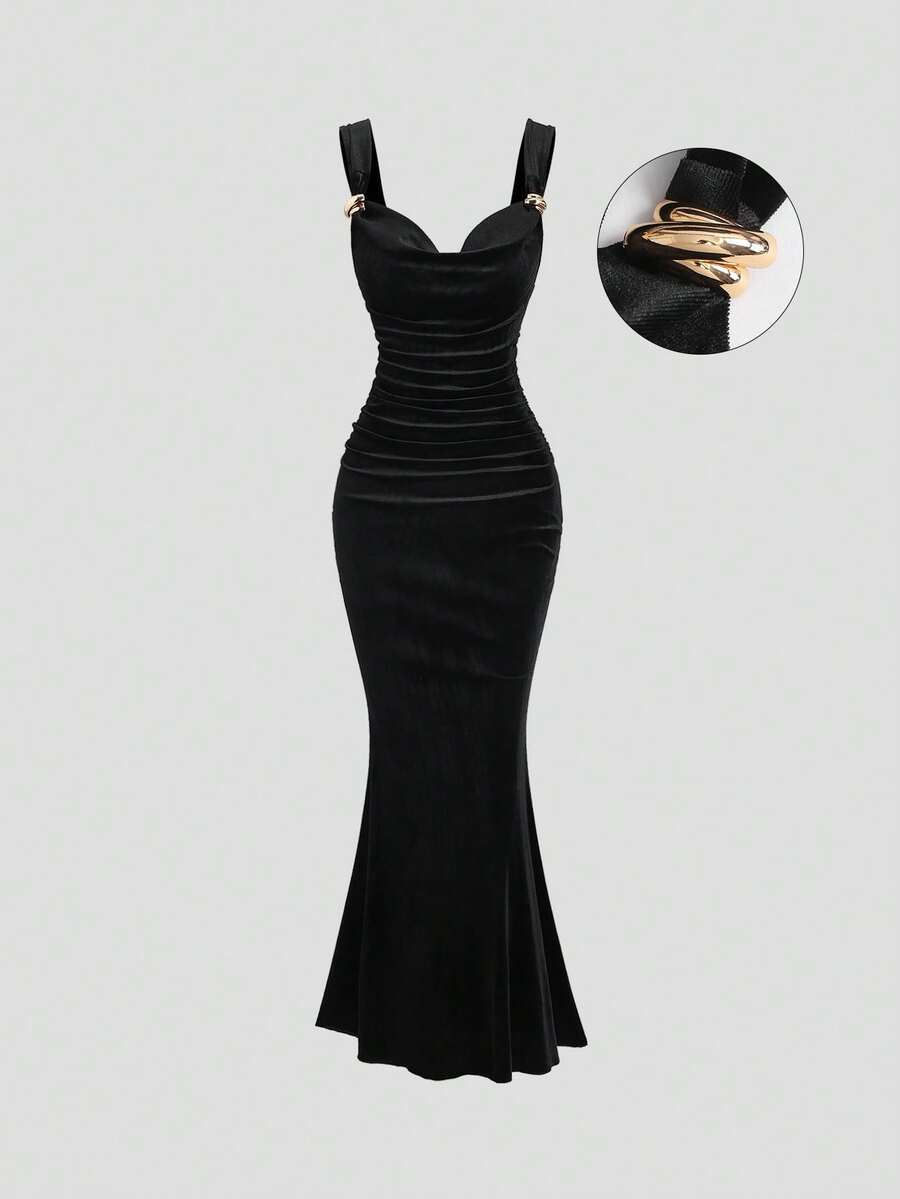 Sweetra 女装秋冬新款复古天鹅绒优雅纽扣美人鱼晚会礼服 - 黑色 - 查看 1