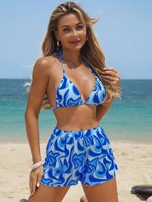 Swim Vcay Set de 3 piezas Bikini con estampado aleatorio para playa/vacaciones - azul real - Ver 3