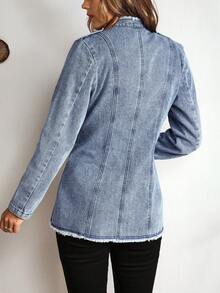 EMERY ROSE Raw Trim Button Front Denim Jacket - Blue - View 2