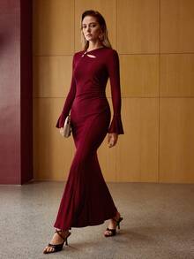 MOTF PREMIUM WOMEN'S RIBBED KNIT FLARE SLEEVE MERMAID HEM KNIT DRESS - Burgundy - View 6