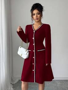 Rafferiza 女式 V 领长袖收腰撞色饰边 A 字中长连衣裙，秋冬 - 酒紅色 - 查看 6