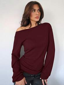 Siren Gaze Women's Casual Oblique Shoulder Ruched Waist Long Sleeve T-Shirt, Suitable For Autumn/Winter Christmas Red New Year New Year Party Burgundy - Burgundy - View 1