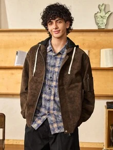 Open Phase STONE DISTRICT 男士宽松连帽摩托车皮夹克，全新秋冬春夏系列 - 咖啡棕 - 查看 3