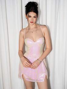 Sweetina 女士性感闪亮迷你吊带裙，适合派对、约会之夜 - 淺粉色 - 查看 5