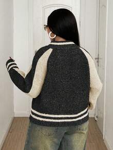 Maweii 大码女式撞色条纹插肩袖休闲拉链针织开衫，秋冬 - 黑色 - 查看 2