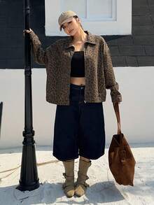 Dazy Plus Plus Size Women Vintage Zipper Front Lapel Leopard Print Denim Jacket, Streetwear Style, Spring/Autumn - Khaki - View 4