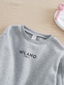 Genkimix Kids Bộ 2 món/Bộ áo nỉ trễ vai in chữ tiếng Anh đơn giản thời trang cho bé gái, phong cách Hàn Quốc cho mùa thu/đông - Xám - Xem 4