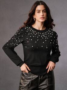 Anewsta French Elegant Pearl Embellished Crew Neck Sweater - Black - View 4