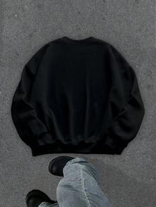 Manfinity ZONE917 Hanorac cu croială lejeră, cu imprimeu grafic și linii albe, căptușit cu fleece negru