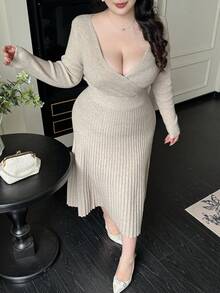 Vibekara Elegante vestido de punto con cuello en V, manga larga y pliegues en la cintura - Albaricoque - Ver 4