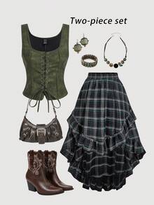 SHEIN MOD Conjunto retro de 2 piezas con falda asimétrica con volantes y dobladillo en verde a cuadros de talla grande, y camiseta de tirantes con lazo en verde - Multicolor - Ver 12
