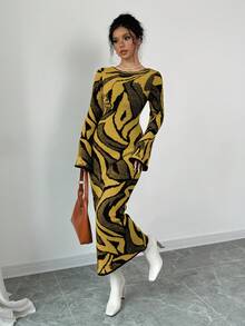 Elenzga Women's Casual Patterned Bell Sleeve Fitted Knit Dress, Autumn/Winter - Yellow - View 3