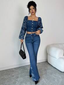 Elenzga 2pcs/Set Women Stylish Denim Outfit, Long Sleeve Cold Shoulder Top And High Waist Pants - Medium Wash - View 8