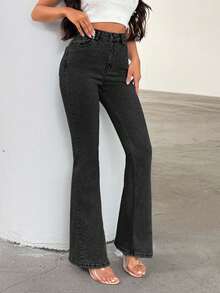 EURMUSE Quần jean bó cạp cao cho nữ thường ngày co giãn màu xanh nhạt - Màu xám đen - Xem 3