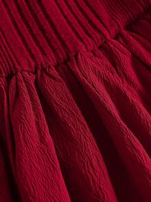 SHEIN Tween Girls Ribbed Texture Off Shoulder Ruched Long Sleeve Bubble Dress, Suitable For Party, Outing, Princess Style Fall Dresses Dress Red Christmas Dress Red Outfit Rich Girl Outfit - Burgundy - View 2