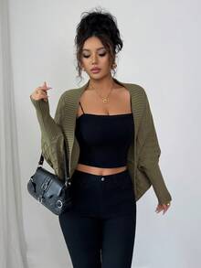 Elenzga 女式卡其色休闲套头开衫，百搭优雅针织毛衣，适合节日、独立日、音乐会、复古教师风格、办公室工作、约会、职业装、蝙蝠翼廓形、中长款、秋冬 - 軍綠色 - 查看 6