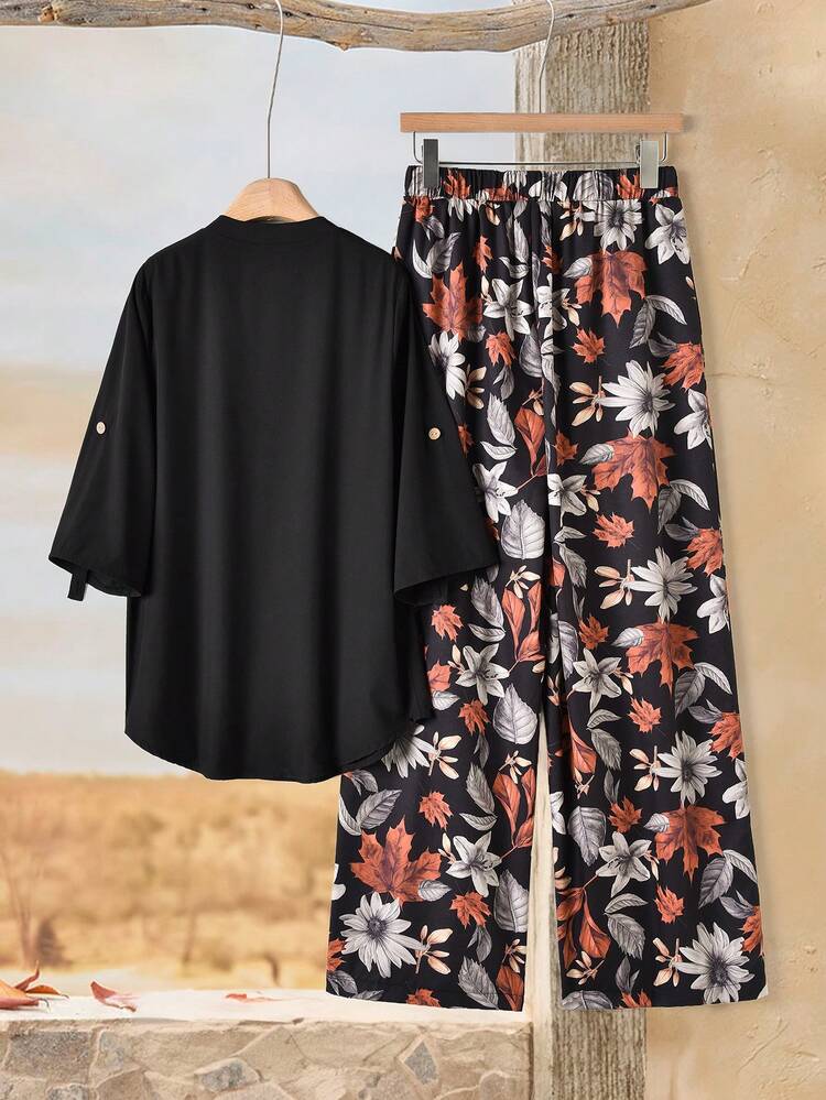 2-częściowy damski top bez rękawów z okrągłym dekoltem i spodniami z kwiatowym nadrukiem, swobodny strój na wakacje, zestawy odzieży damskiej