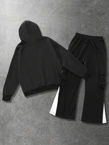 ROMWE MEN Bộ đồ thể thao thường ngày in hình thánh giá Gothic và quần ống loe cho nam, trang phục mùa thu - màu đen - Xem 2