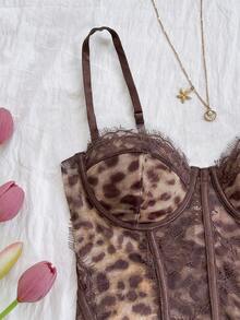 Soleia Leopard Print Bustier Lace Trim Bodysuit, Sexy Vacation/Holiday, Party, Date Night, Valentine's Day, Afternoon Tea - Brown - View 7